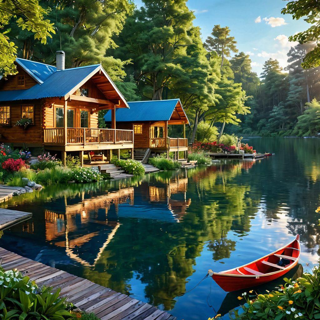A serene family retreat surrounded by lush greenery, featuring cozy wooden cabins with hammocks, a sparkling blue lake, children playing by the water, and parents relaxing with a book. The scene should radiate peace and happiness, ideally during golden hour with soft sunlight filtering through the trees. Include vibrant flowers and birds in the background for a touch of nature’s beauty. super-realistic. vibrant colors. tranquil atmosphere.