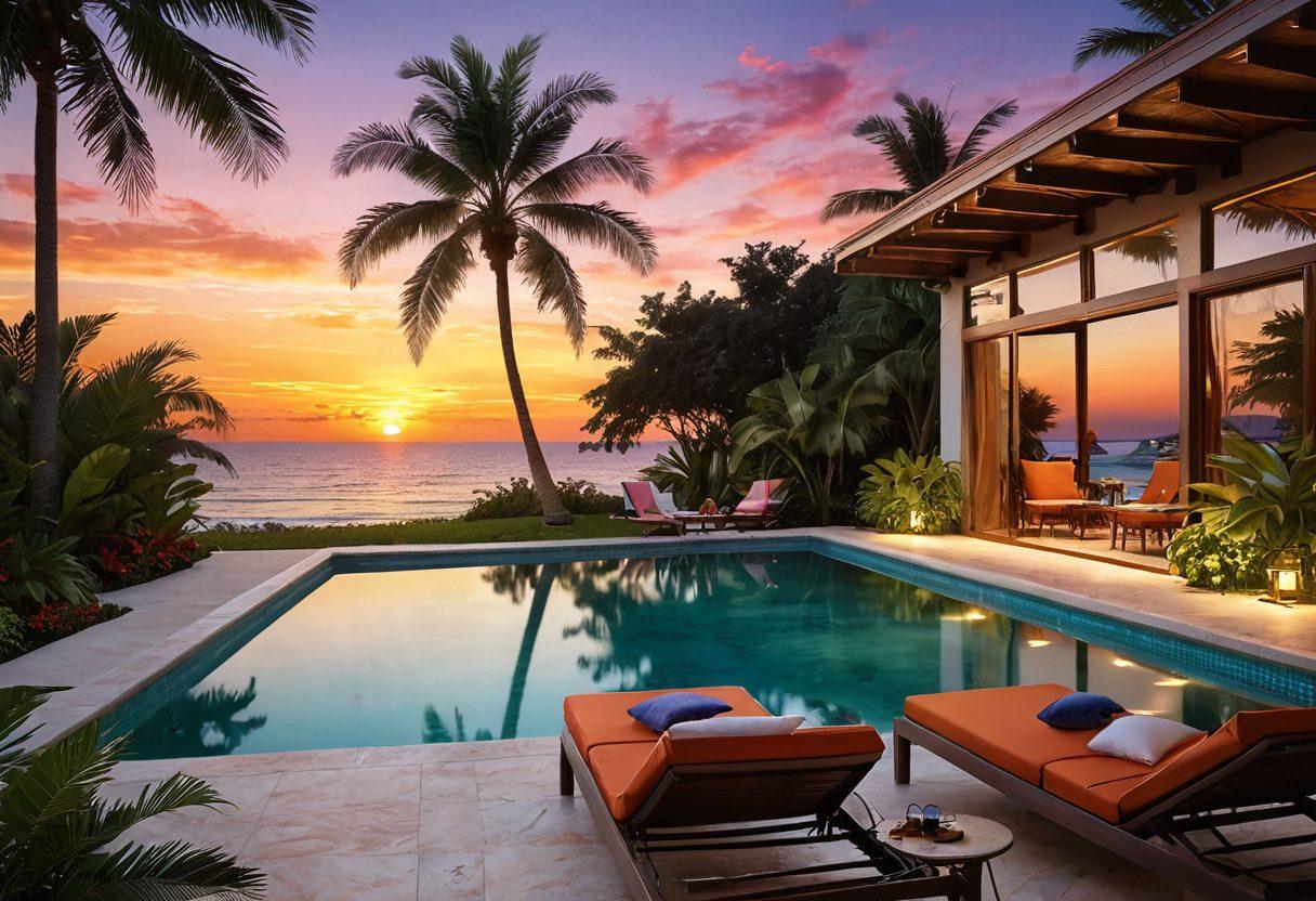 A serene resort setting with lush greenery, a sparkling pool, and cozy lounge chairs under palm trees. Include elements like a refreshing cocktail on a table and a picturesque sunset in the background, inviting relaxation and tranquility. Emphasize warm, cheerful colors to evoke a sense of joy and peace. super-realistic. vibrant colors. tranquil atmosphere.