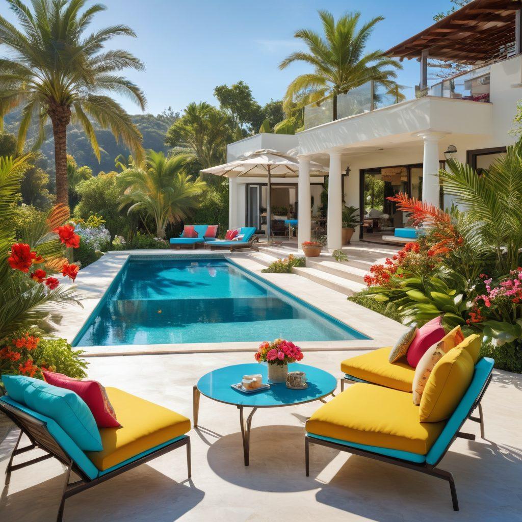 A tranquil sunny villa surrounded by blooming gardens with vibrant flowers, palm trees swaying under a clear blue sky, and a sparkling pool that reflects the sunlight. Include cozy outdoor seating with colorful cushions, a table with tropical drinks, and a backdrop of rolling hills or a serene beach. The atmosphere should evoke feelings of joy and relaxation. super-realistic. vibrant colors. 3D.
